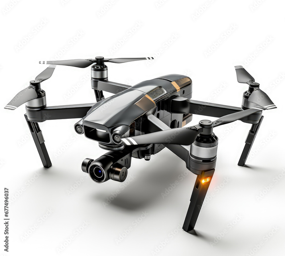 Dark grey high-tech quadcopter, drone with cameras, lens and spotlights over white background Dark grey high-tech quadcopter, drone with cameras, lens and spotlights over white background