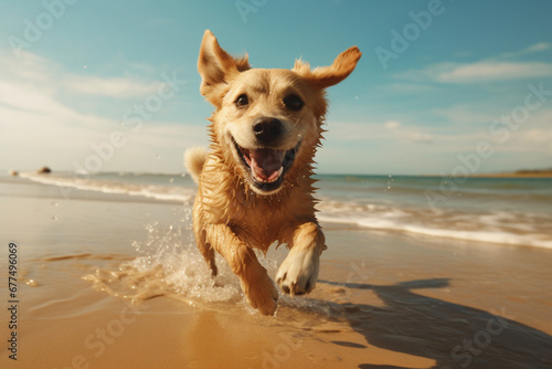 Freedom, happy running and dog on beach on summer morning walk, exercise and fun playing at ocean, Nature, water and healthy happy dog enjoying run in sea sand, cute animal happiness and pet health
