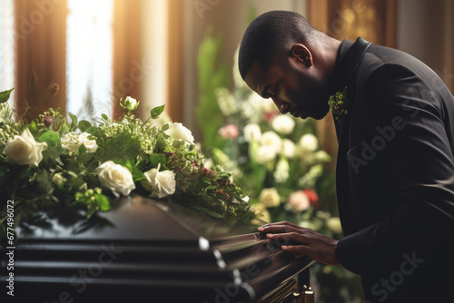 Funeral coffin, death and black man sad, grieving and mourning loss of family, friends or dead loved one, Church service, floral flowers and person with casket, grief and sadness over loss of life