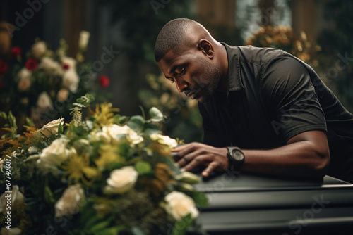 Funeral coffin, death and black man sad, grieving and mourning loss of family, friends or dead loved one, Church service, floral flowers and person with casket, grief and sadness over loss of life © alisaaa
