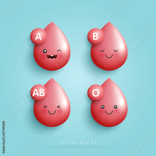Blood with group droplets. blood type. cute happy healthy smiling blood drop character for medical apps, websites and hospital. vector design.