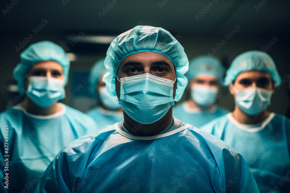 Group portrait of surgeons posing in operating theater Group portrait of surgeons posing in operating theater