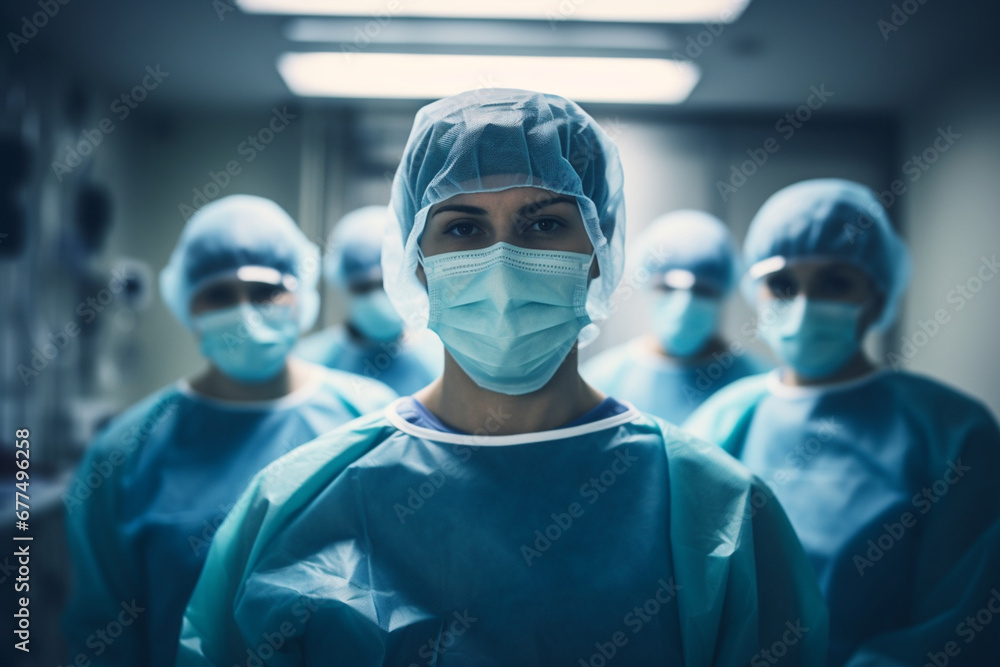 Group portrait of surgeons posing in operating theater Group portrait of surgeons posing in operating theater