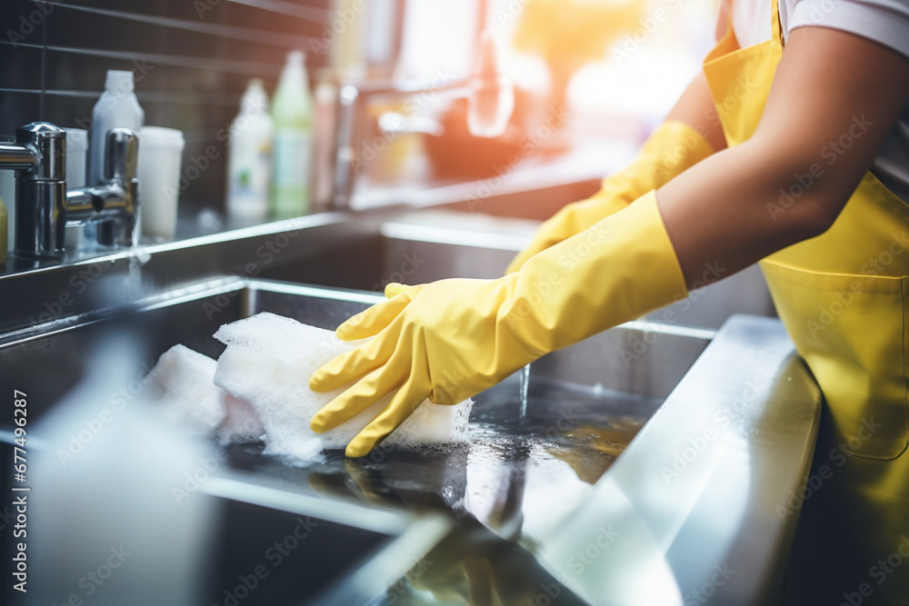 Hands of woman, gloves and washing dishes in kitchen, brush chores and house work, cleaner service and home care, Cleaning, soap and water, housekeeper working in apartment with dirt and foam at sink - obrazy, fototapety, plakaty 