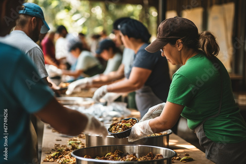 Group of Volunteers Preparing Free Food Rations for Poor People in Need, Charity Workers and Members of the Community Work Together, Concept of Giving, Humanitarian Aid and Society