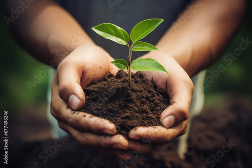 Hands growing a young plant