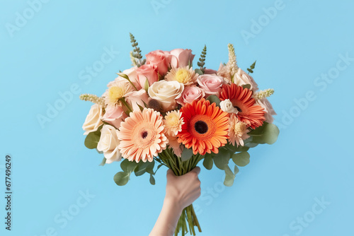 Fototapeta Naklejka Na Ścianę i Meble -  Female hand holds a bouquet of flowers on blue background close-up.