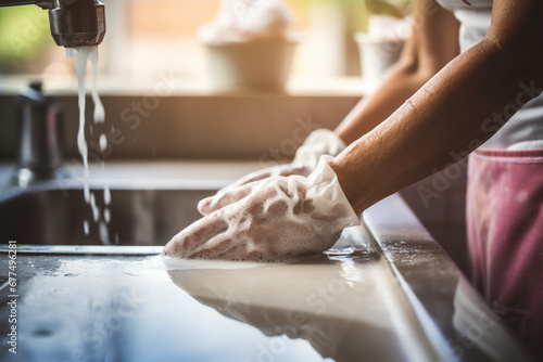 Hands of woman, gloves and washing dishes in kitchen, brush chores and house work, cleaner service and home care, Cleaning, soap and water, housekeeper working in apartment with dirt and foam at sink