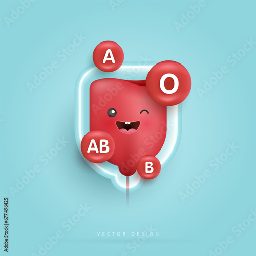 Blood bag with group droplets. blood type. cute happy healthy smiling blood drop character for medical apps, websites and hospital. vector design.