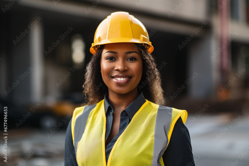 Happy engineer, construction worker or architect woman feeling proud and satisfied with career opportunity, Portrait of black building management employee or manager working on a project site Happy engineer, construction worker or architect woman feeling proud and satisfied with career opportunity, Portrait of black building management employee or manager working on a project site