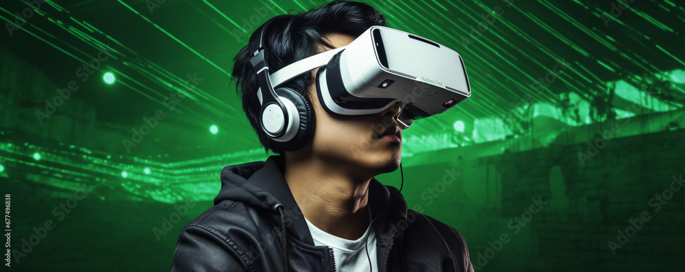 Horizontal banner or header with portrait of bored young asian man using 3d viewer with headphones outdoor - technology and video game addicted or futuristic concept Horizontal banner or header with portrait of bored young asian man using 3d viewer with headphones outdoor - technology and video game addicted or futuristic concept