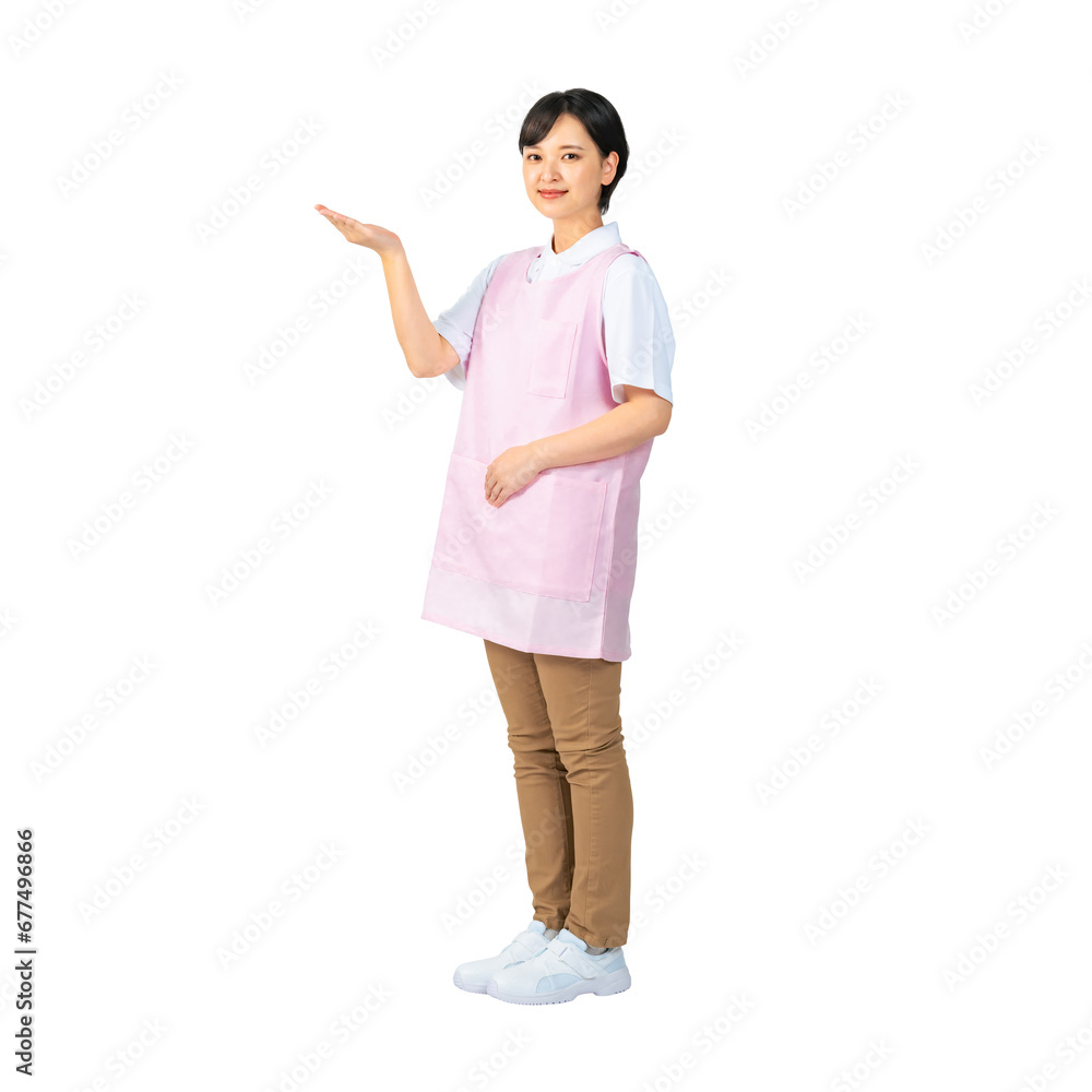 案内するエプロンをつけた女性 保育士 介護福祉士 切り抜き背景透過PNG 案内するエプロンをつけた女性 保育士 介護福祉士 切り抜き背景透過PNG