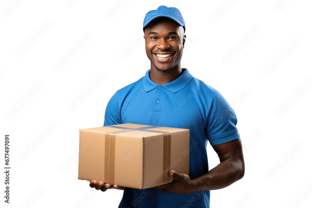 A smiling delivery man holding a box isolated on transparent background. A smiling delivery man holding a box isolated on transparent background.