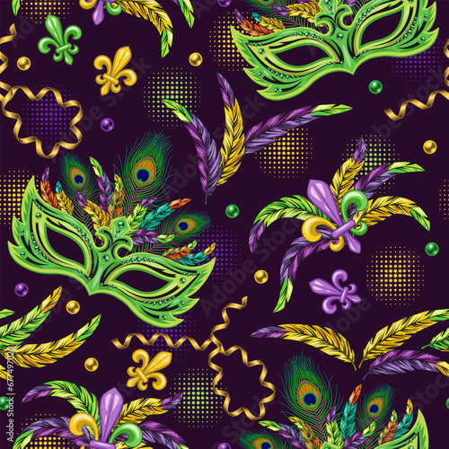 Seamless pattern with carnival masquerade masks, feathers, scattered beads, fleur de lis sign on dark background. Detailed vintage illustration for prints, apparel, clothing, surface design Not AI