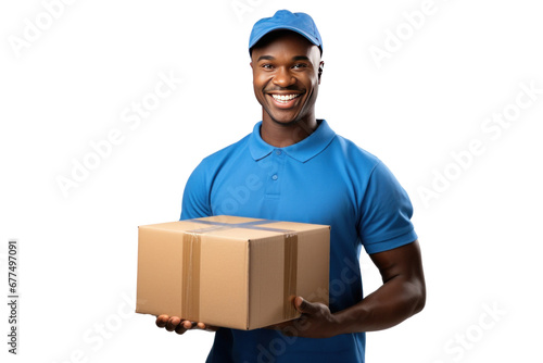 A smiling delivery man holding a box isolated on transparent background. © tong2530