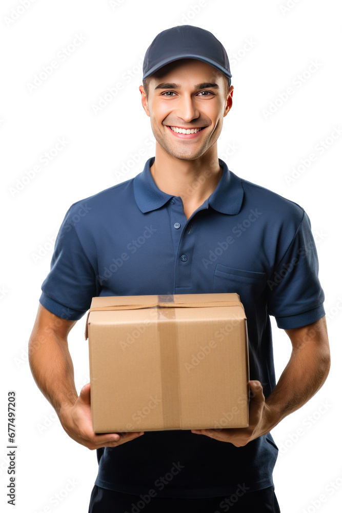A smiling delivery man holding a box isolated on transparent background. A smiling delivery man holding a box isolated on transparent background.