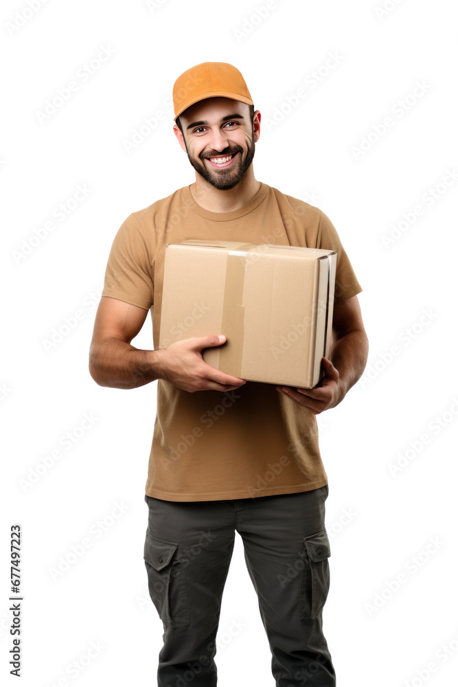 A smiling delivery man holding a box isolated on transparent background. A smiling delivery man holding a box isolated on transparent background.