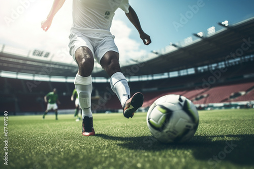 male soccer player kicking ball at the stadium © alisaaa