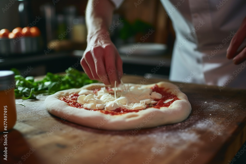 Man’s Hands Putting Mozzarella Cheese On A Pizza