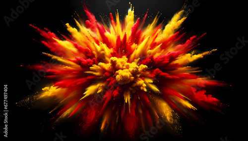 A dynamic and dramatic explosion of red and yellow powder on a black background