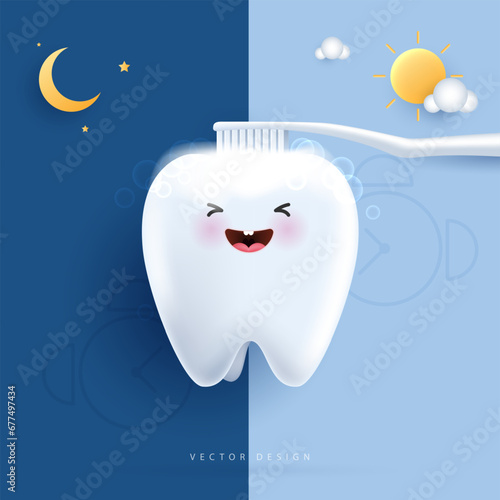 Happy white tooth cleaning with brush vector. morning and night routine brushing teeth concept. oral hygiene for kids hospital. healthy tooth character. cute clean tooth cartoon icon.