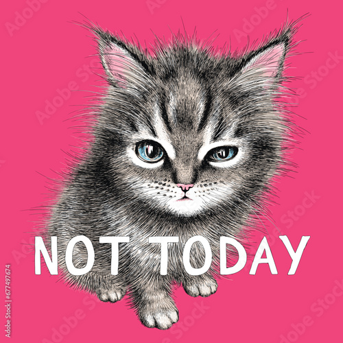Cute and sleepy little kitten. Realistic drawing of a cat. Not today illustration. Stylish image for printing on any surface