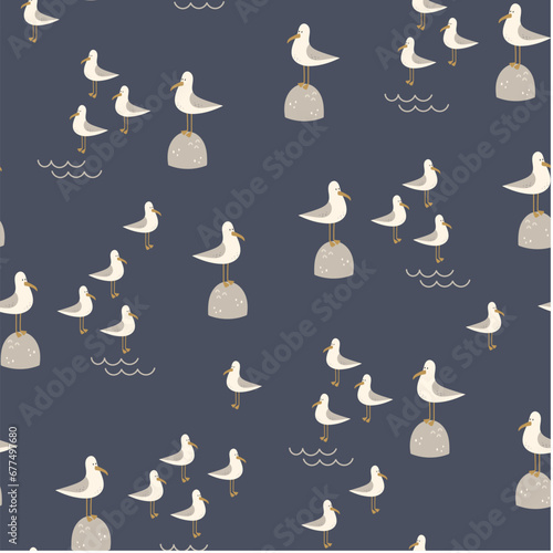 Marine seamless pattern with a seagulls. Childish illustration. Sea seamless pattern. Cute seagulls on a dark blue background. Nautical pattern for kids fabric, textile, wallpaper.