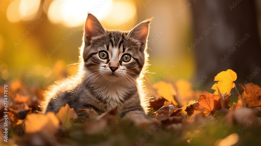 A Cute kitten playing with yellow autumn leaves at sunset. the backyard The background of the photo is a relaxing environment in the backyard. A Cute kitten playing with yellow autumn leaves at sunset. the backyard The background of the photo is a relaxing environment in the backyard.