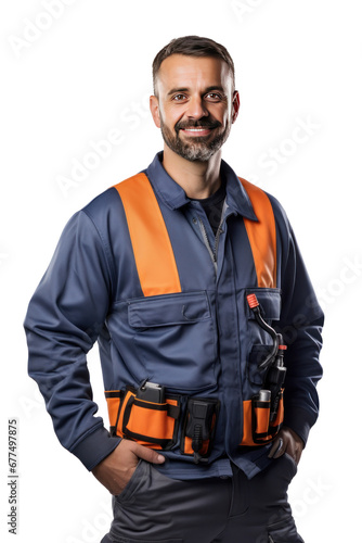 A smiling electrician isolated on transparent background.