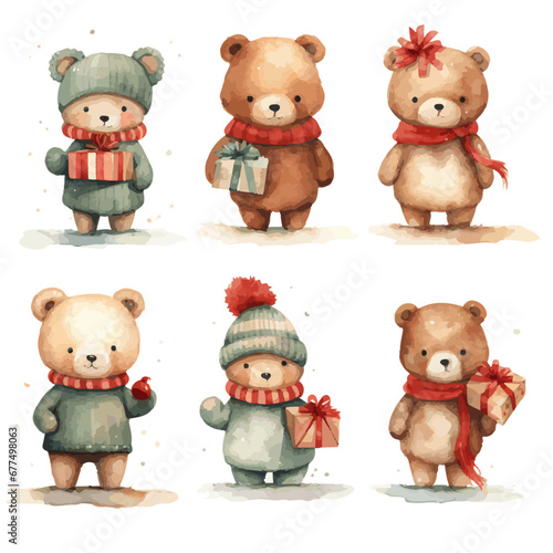 set of teddy bears wearing green jackets with christmas presents watercolor vectors