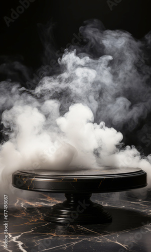 Empty round black podium with smoke on marble platform with black background for product display