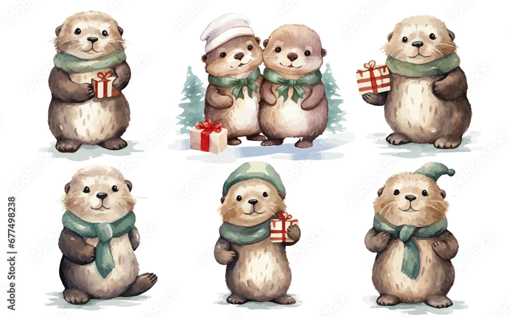Fototapeta premium Christmas Sea Otters cute animals for Christmas watercolor vectors 