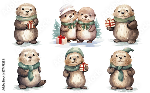 Christmas Sea Otters cute animals for Christmas watercolor vectors
