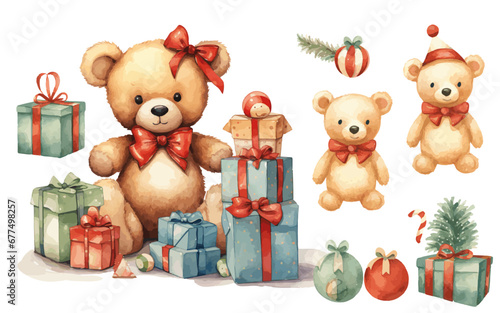 Christmas presents Teddy Bear watercolor vectors