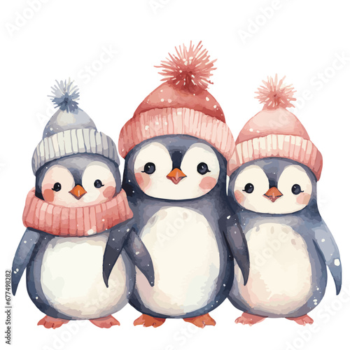 penguins in winter cloths watercolor vector
