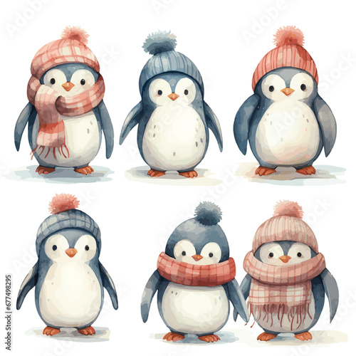 Christmas Penguins in winter cloths watercolor vectors