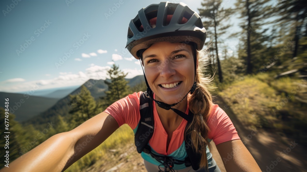 A beautiful female cyclist taking a selfie while cycling with pine trees and hills in the background. A beautiful female cyclist taking a selfie while cycling with pine trees and hills in the background.