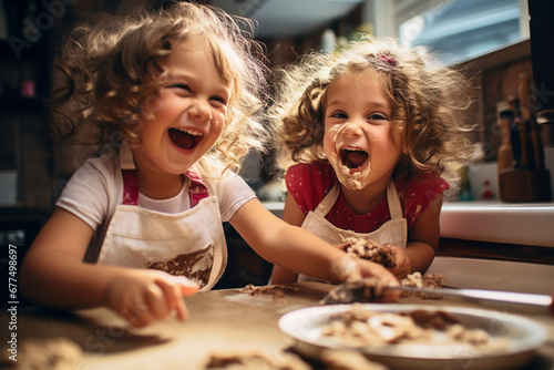 children baking cookies in kitchen while having the fun together