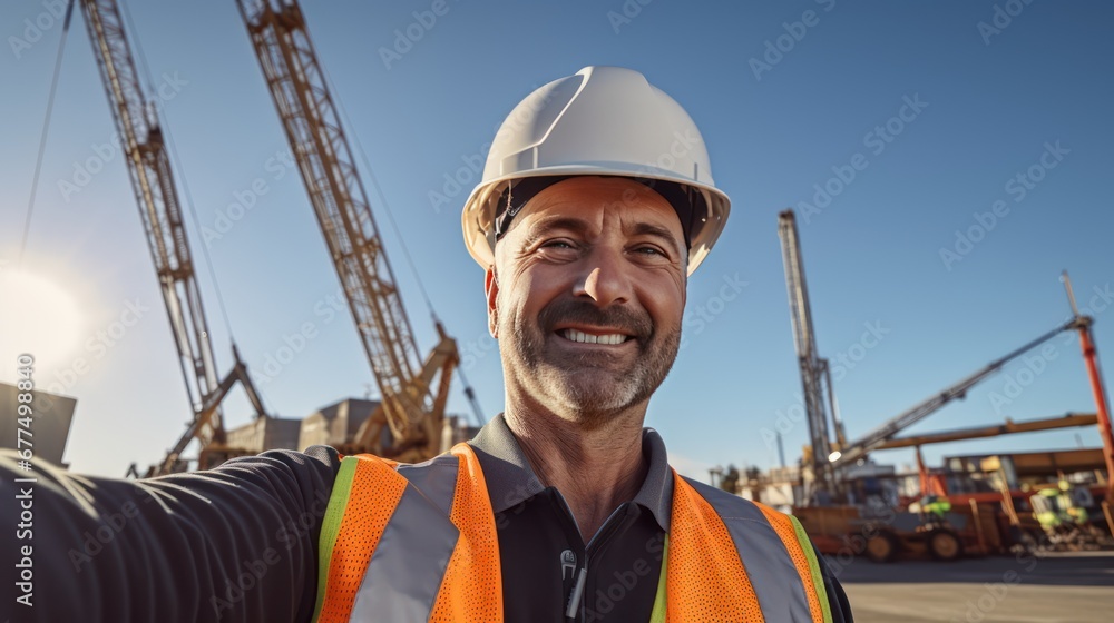 A Civil engineer takes a selfie standing near a construction site with a tower crane in the background. A Civil engineer takes a selfie standing near a construction site with a tower crane in the background.