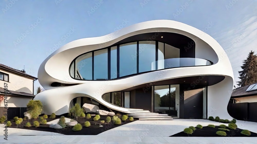 Fototapeta premium Modern White Curvilinear House with Landscaped Front Yard and Blue Sky