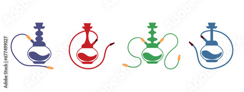 A set of hookahs of different shapes and different colors on a white background horizontally. A set of colored logos and icons for hookah bars.
