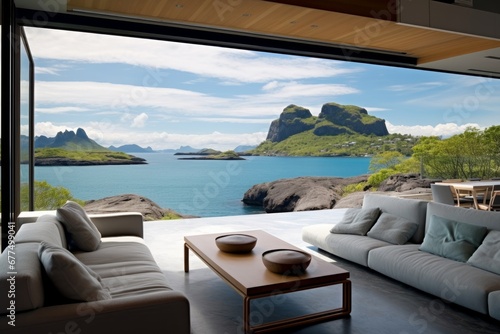 Terrace in modern house with panoramic opened windows and stunning view to blue lagoon and rock. Generative AI