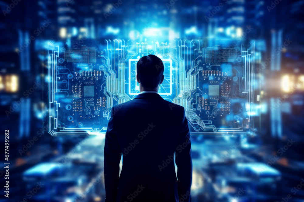 A man in a suit standing in front of a cityscape. Business in a modern big city. Infographics. A man in a suit standing in front of a cityscape. Business in a modern big city. Infographics.
