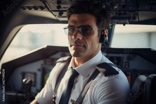 Portrait of airplane pilot looking over shoulder in a private jet © alisaaa