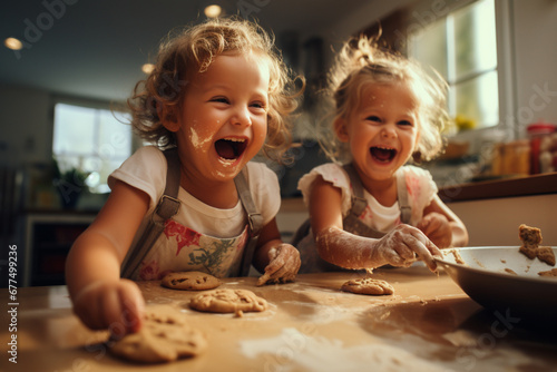 twin girl baking cookies in the kitchen while having fun
