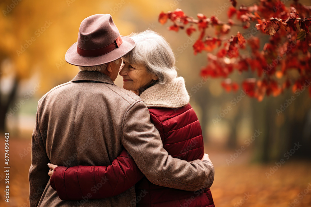 Fototapeta premium An elderly couple, a man and a woman, hugging in an autumn park. They look at each other with a loving gaze. Old people on a walk. Relationships in old age. Love and romance.