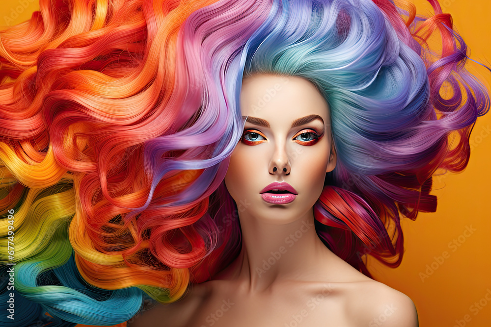 Pretty girl with colorful hair isolated on colorful background