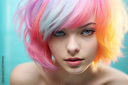 Pretty girl with colorful hair isolated on colorful background © Kien