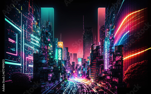 Futuristic Shibuya Tokyo Cityscape, Neon Lights, lights at night