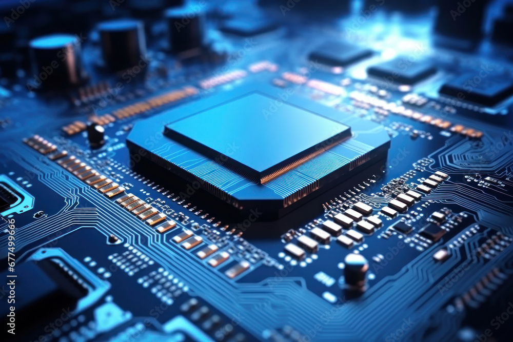 A powerful computer processor or chip on a motherboard. Modern technologies. Blue background. Development of computer technologies.